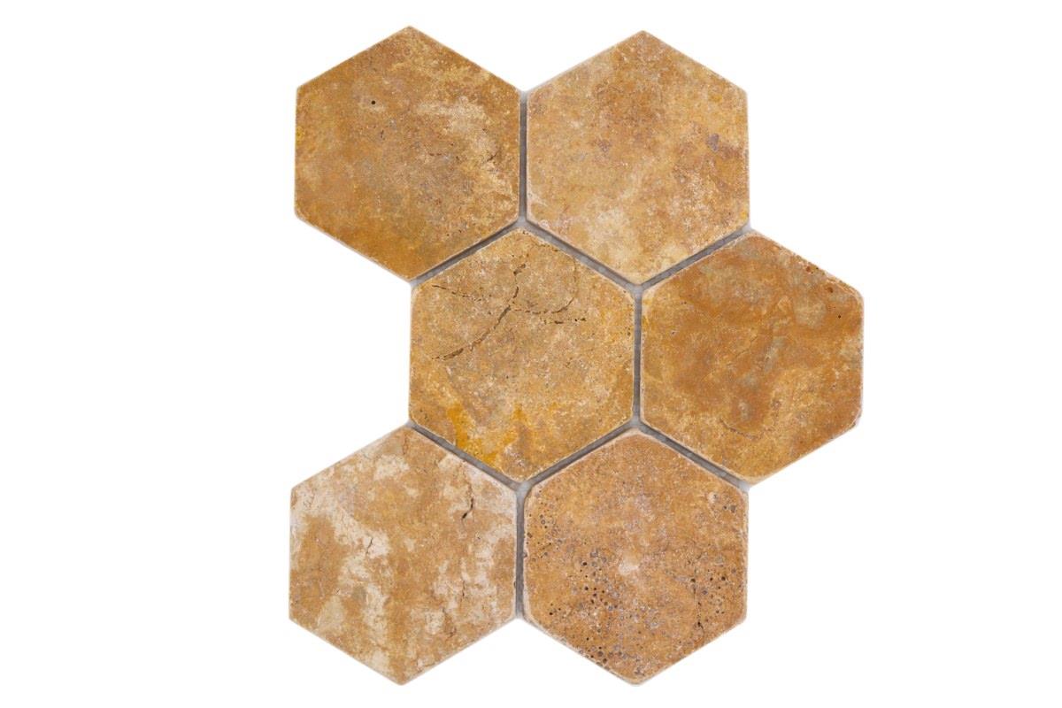 Gold Traverten Tumbled Long Hexagon 98x110x10mm